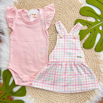 Conj. Body Manga Curta e Salopete Xadrez - Rosa